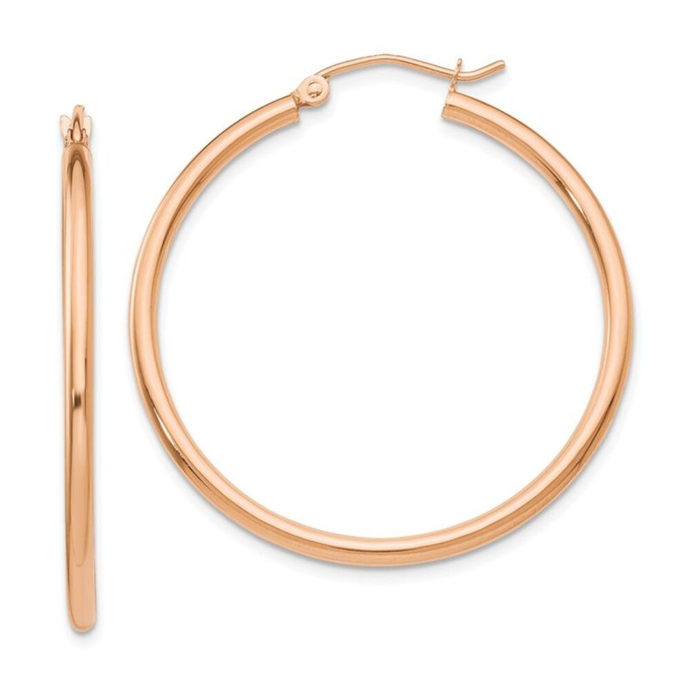 2mm, 14k Rose Gold Polished Round Hoop Earrings, 35mm (1 3/8 Inch)